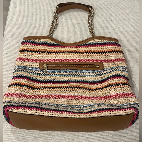 Tory Burch Multicolor Stripe Raffia and
Leather Marion Tote - Picture 4 of 8